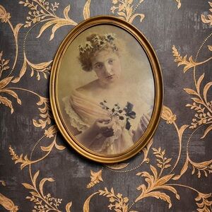 Antique 1898 "He Loves Me Not" Oval Portrait with Gold Frame